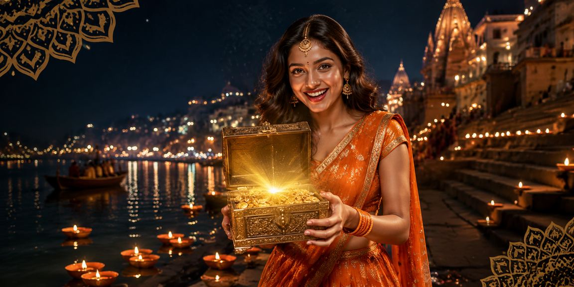 Scenic Varanasi ghat with people accessing live casino games on mobile